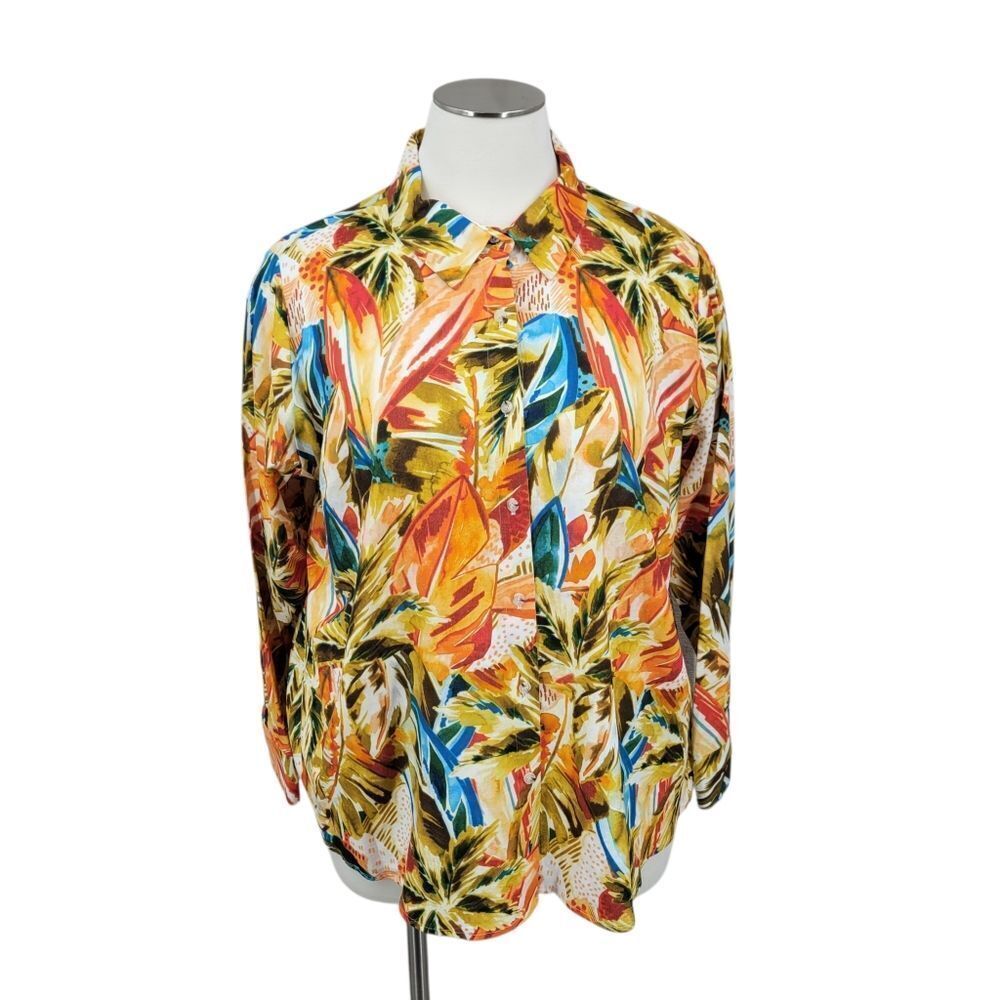 Investments Linen Blend Colorful Tropical Print Button Up Shirt NEW NWT